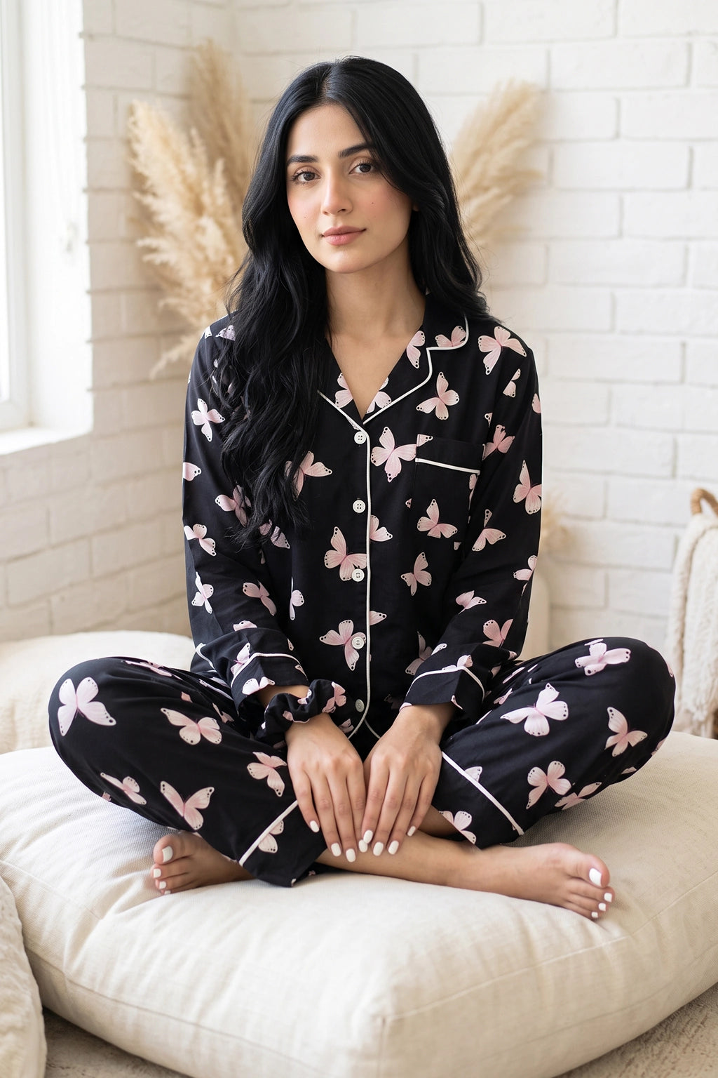 A Pakistani woman sits cross-legged on a cream cushion in a bright room, wearing a black printed linen pajama set with a pink floral print and white piping. The background features a white brick wall and dried pampas grass.