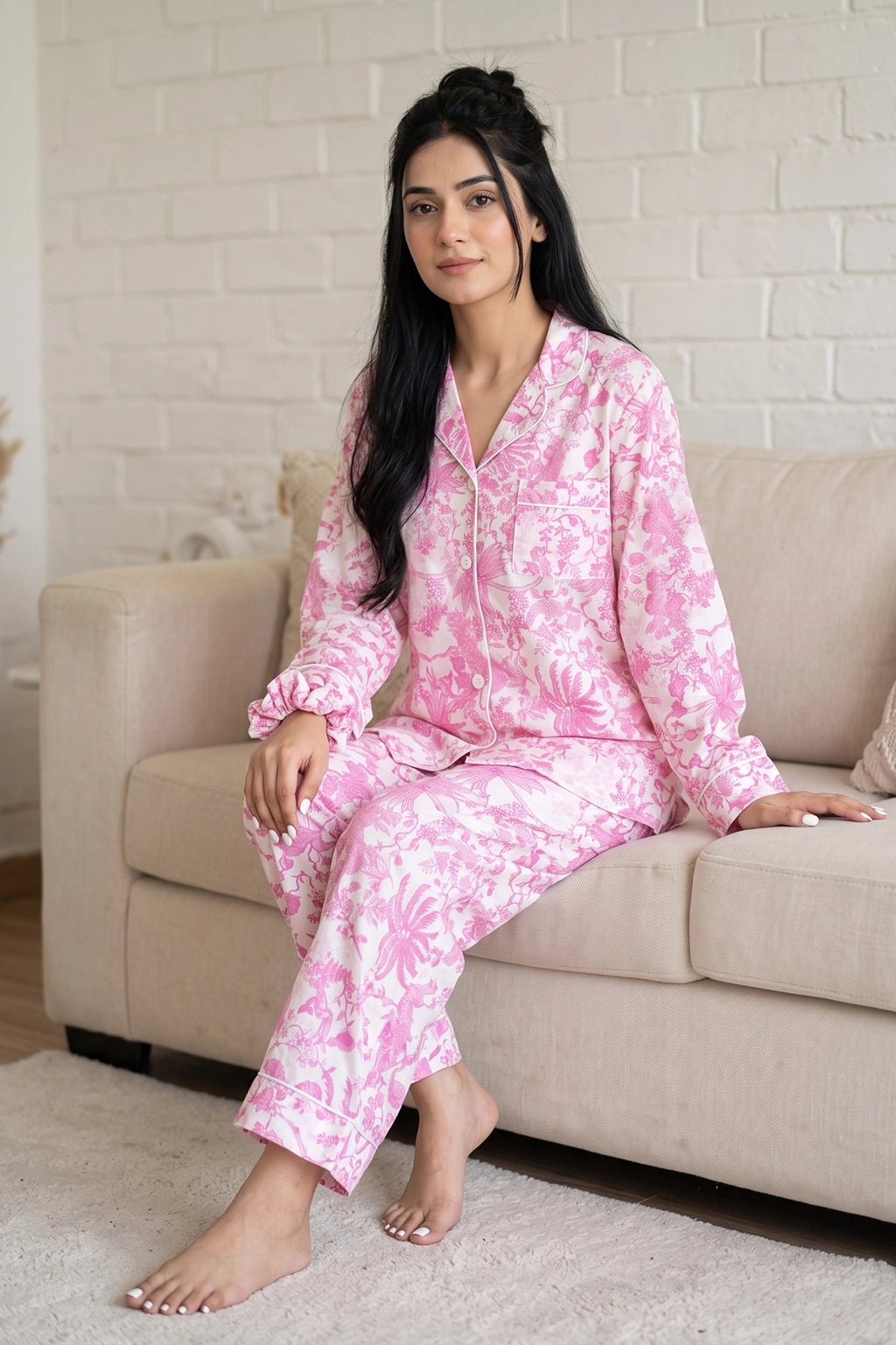A woman with long black hair sits on a beige sofa wearing a pink and white floral pajama set. The set includes a long-sleeve button-up top and matching pants, featuring a pink and white tropical floral pattern.