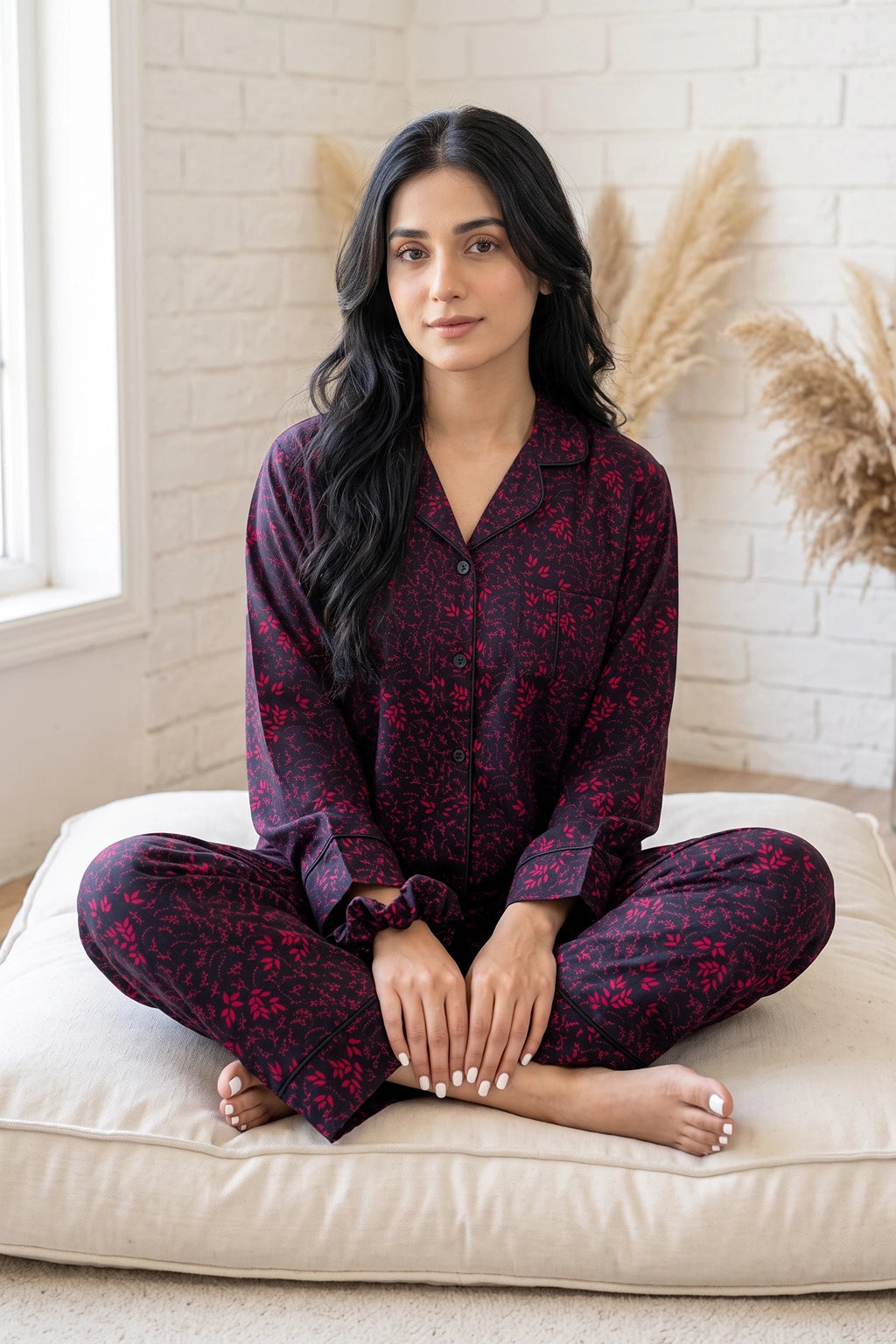 A woman sits cross-legged on a cream floor cushion in a bright room, wearing a matching long-sleeve linen pajama set with a dark purple and magenta floral pattern.