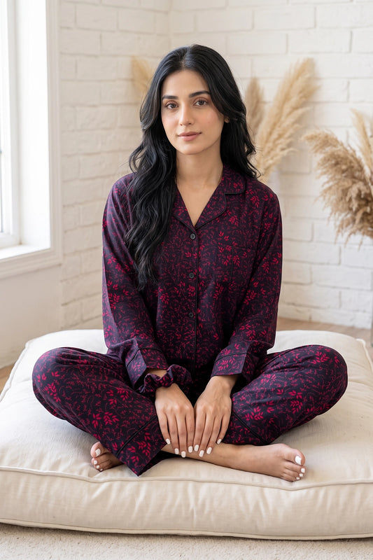 A woman sits cross-legged on a cream floor cushion in a bright room, wearing a matching long-sleeve linen pajama set with a dark purple and magenta floral pattern.