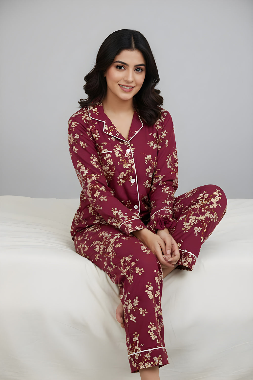 Red Blossom PJ Set in premium summer linen fabric with scrunchie and relaxed fit