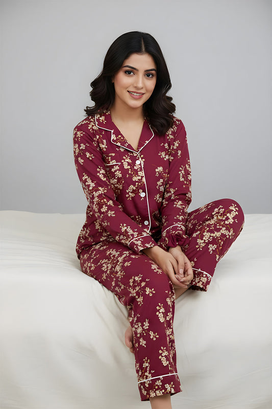 Red Blossom PJ Set in premium summer linen fabric with scrunchie and relaxed fit