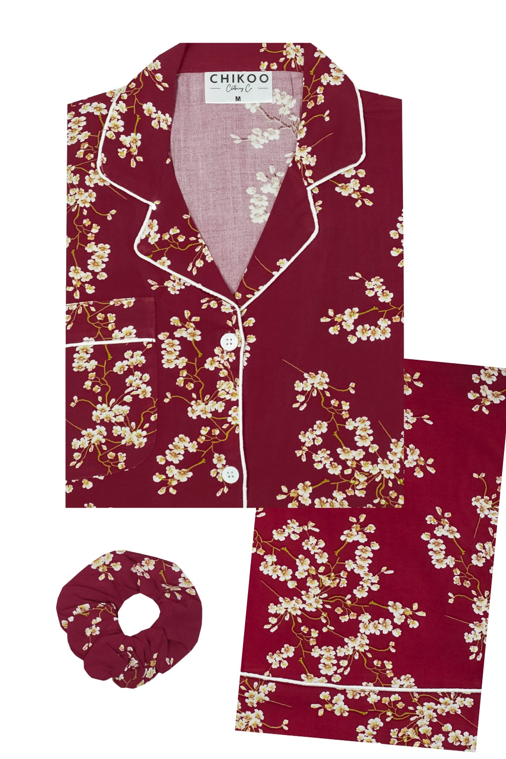 Red Blossom PJ Set summer linen fabric relaxed fit with free scrunchie gift package